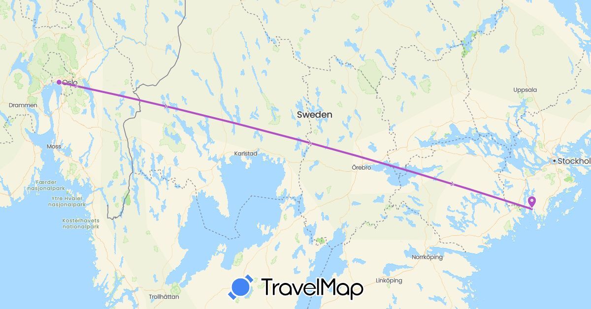 TravelMap itinerary: driving, train in Norway, Sweden (Europe)